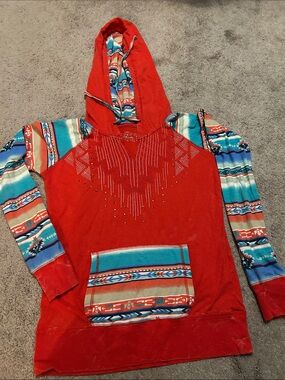Bright Red Long-Sleeve Hooded Pullover with Turquoise Patterned Sleeves